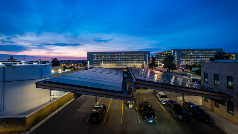 Exterior of University of Colorado Anschutz Campus Safety parking lot with evening sky
