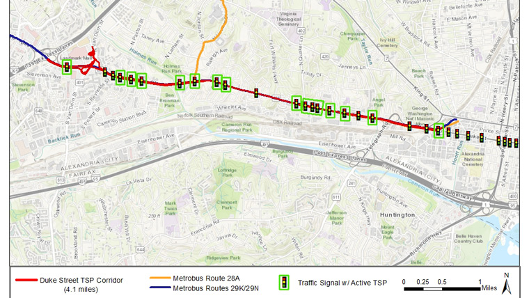 map of duke street tsp corridor with labeled signals