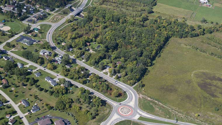 Aerial of Duck Creek bridge and roundabout