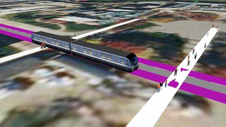 Light rail trains and pedestrians