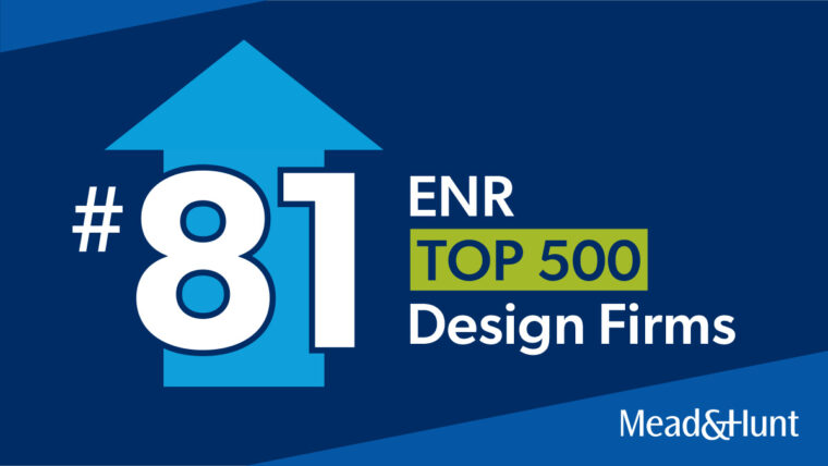 A blue arrow points upwards alongside white text with #81 ENR Top 500 Design Firm