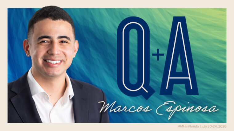 Professional image of Marcos overlaid with Florida-inspired colors of vivid green and blue beside text introducing him as our Q&A employee spotlight.