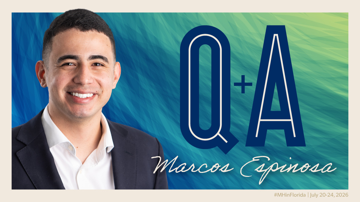 Professional image of Marcos overlaid with Florida-inspired colors of vivid green and blue beside text introducing him as our Q&A employee spotlight.