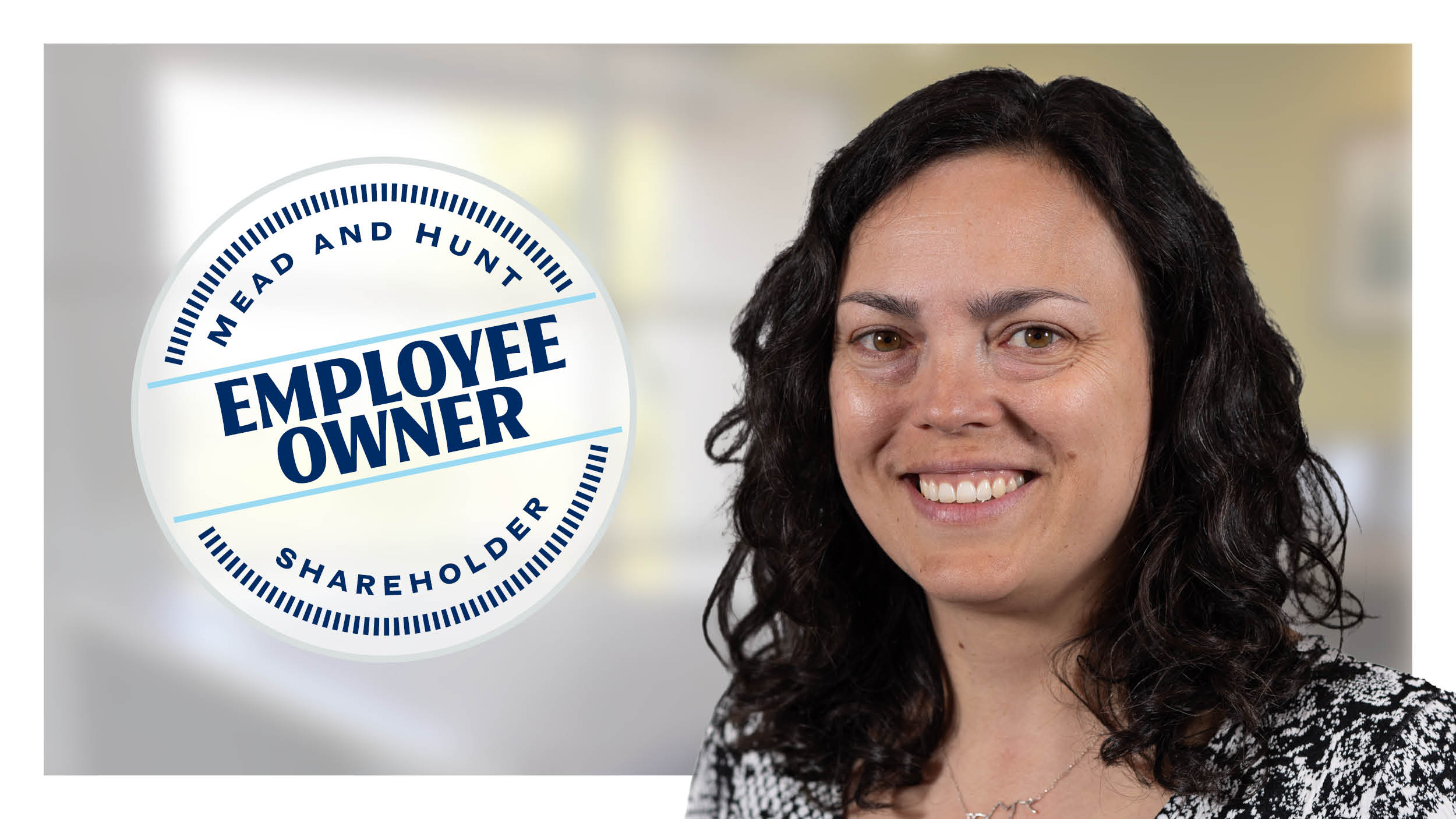 Headshot of Kate Andrus and employee ownership badge