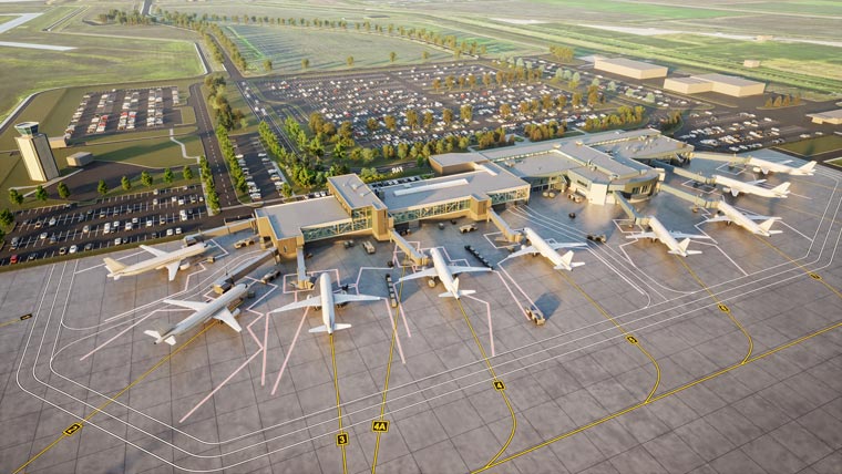 a rendering of an aerial view showing the completed Hector International Airport with 9 gates