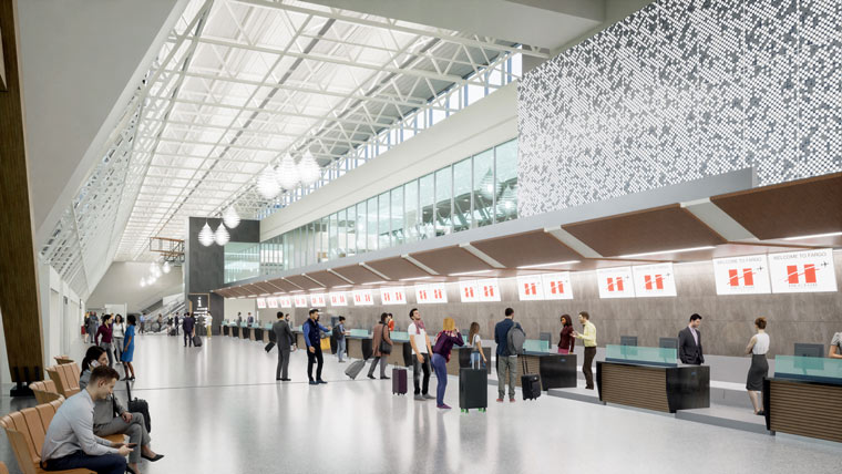 a rendering of the ticketing area at Hector International Airport