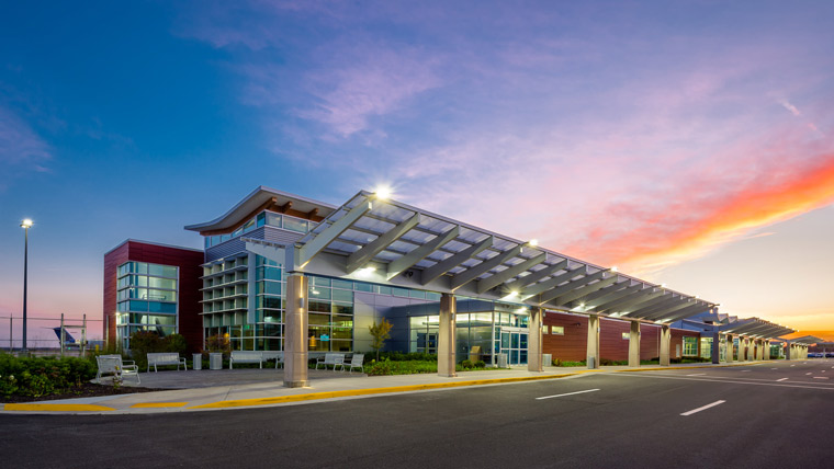 exterior photo of the Central Wisconsin Airport as dusk