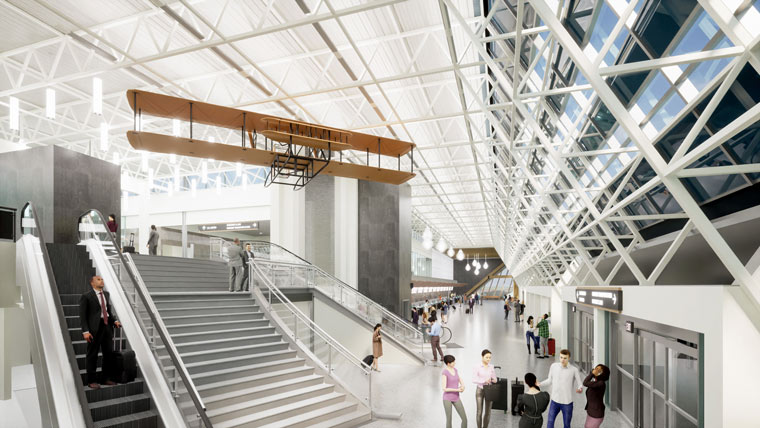 rendering showing the interior of Hector International Airport including stairs, an escalator, and a model biplane hanging above.