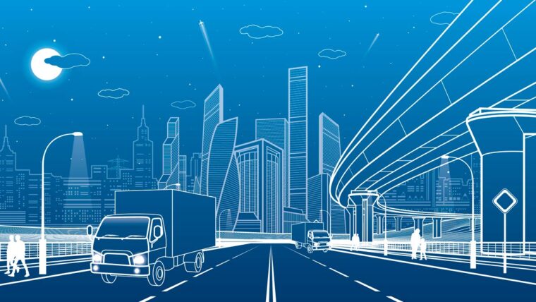 a futuristic city line drawing on a bright blue background shows a road and bridge