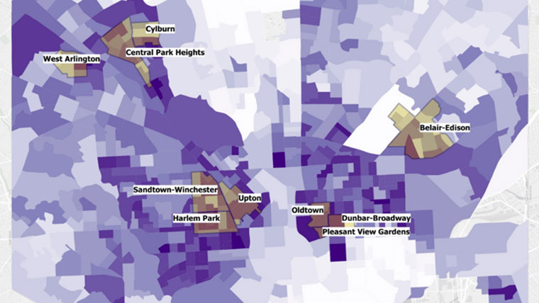 map of Baltimore highlighting equity in the transportation system.