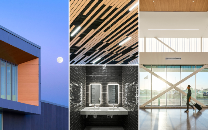 collage of views from the new airport, including the exterior at twilight with the moon in the background, the ceiling with plank wood and lighting interspersed, sinks in the restroom with dark gray tile, and an open airy interior terminal with a passenger walking through.