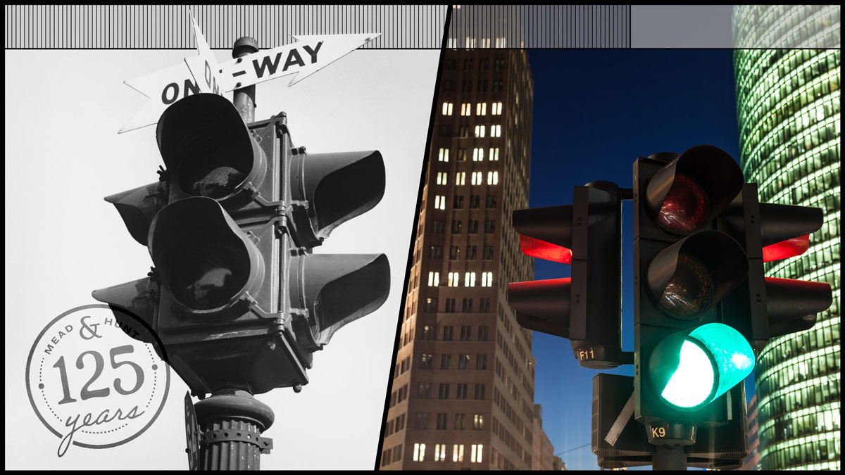 black and white photo of a stoplight juxtaposed with a modern photo of a similar stoplight