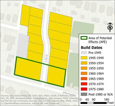 Color-coded map defining location and build dates of postwar houses in a neighborhood