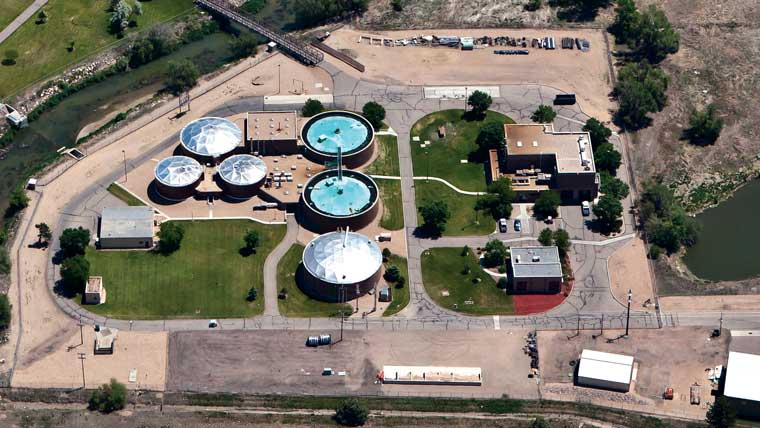 aerial view of tanks and buildings