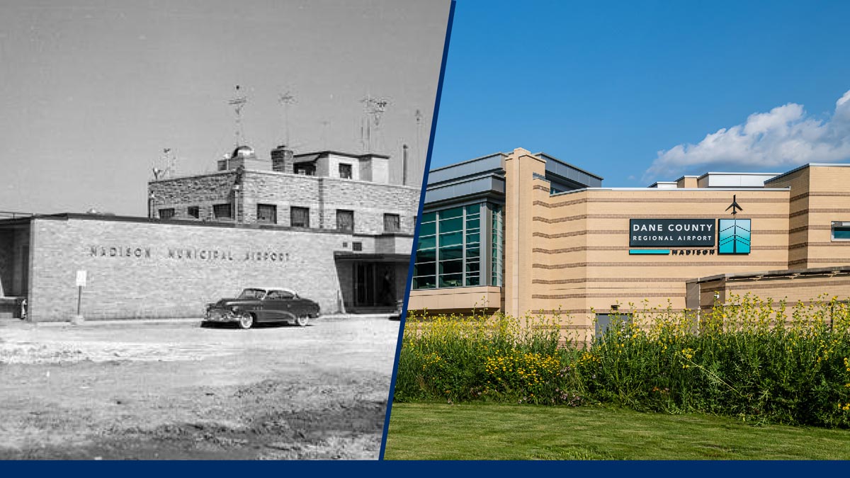 a black and white 1950s photo shows a small Madison Municipal Airport next to a modern photo of the larger DCRA terminal