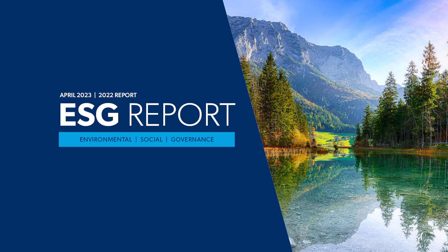 White text says ESG Report next to a photo of a lake and mountains
