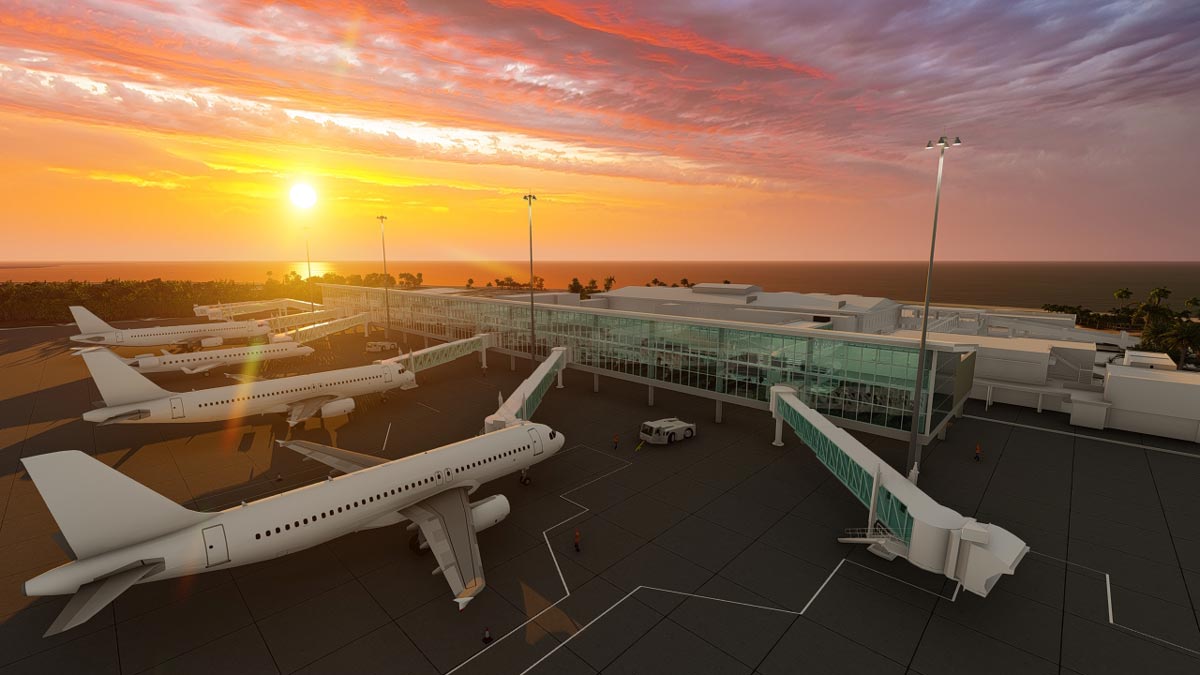 a rendering shows an airport terminal with large glass windows and four airplanes. The sun is setting over a body of water in the distance, creating large sun flare in the lens.
