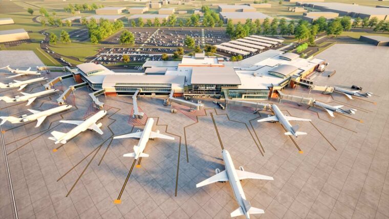 rendering of the fort wayne airport showing a birds eye view of the terminal and planes