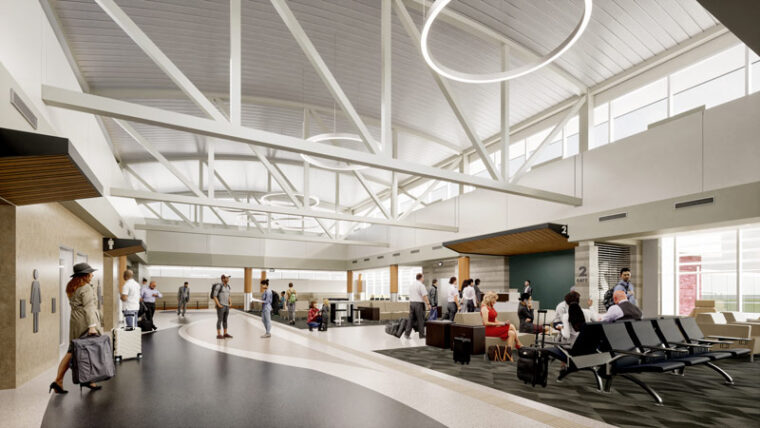 a rendering of the interior of the airport showing Gate 2