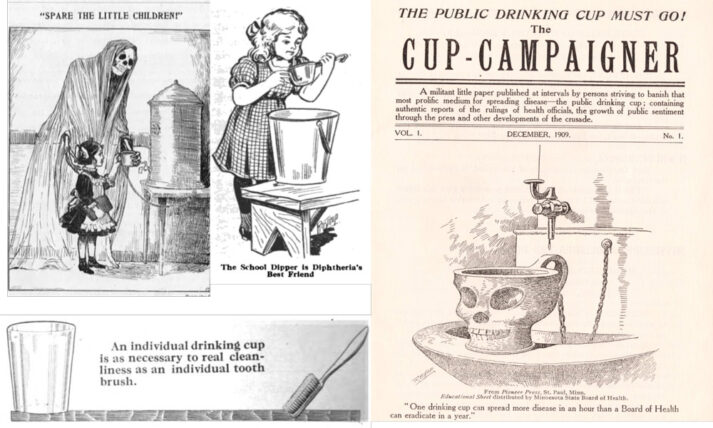 Early 1900s Ads emphasizing the importance of an individual drinking cup, using the grim reaper as a caution against using school dippers