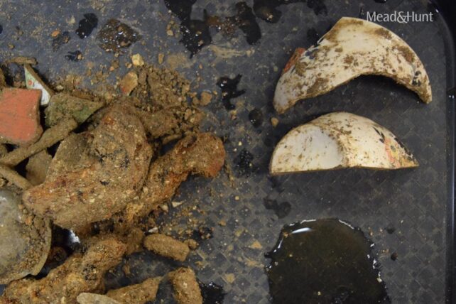 Artifacts on a tray, surrounded by dirt