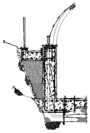 Technical rendering of a curved deflector that increases spillway chute capacity