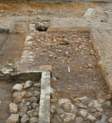 2)Excavated remains of the Indian Queen Tavern's stone foundation and brick floor