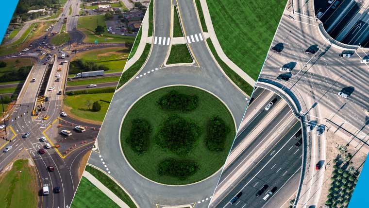 Diverging diamond, roundabout, and single point interchange intersection alternatives