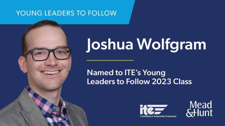 Headshot of Josh Wolfgram on a blue background with White Text that says Young Leaders to Follow