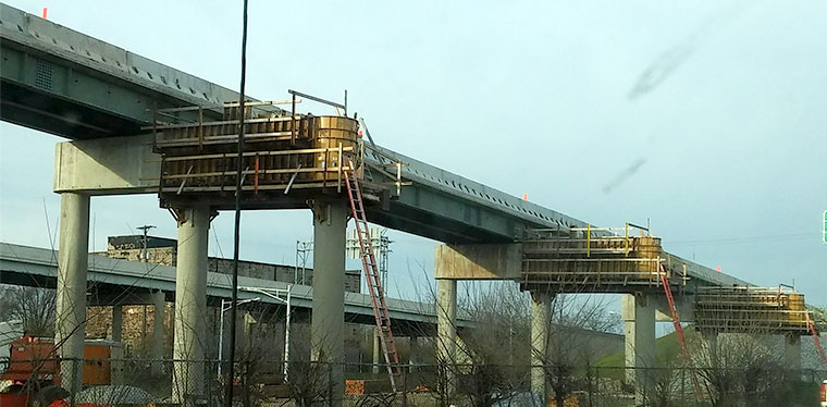 Cap and column pier caps on MOT-75 interstate bridge during construction