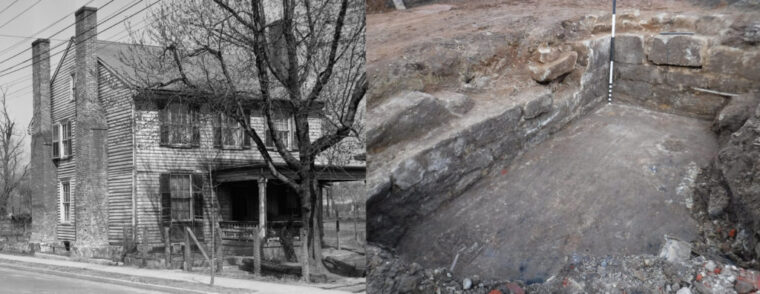 Side by side comparison of a black and white image of a house and a color image of the house's foundation