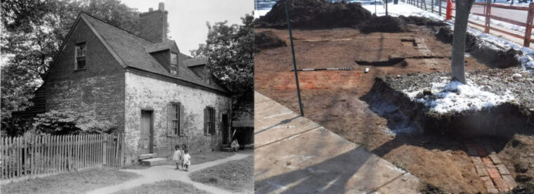 Side by side comparison of an old black and white image of a house with children outside and a color image of the house's foundation and chimney base