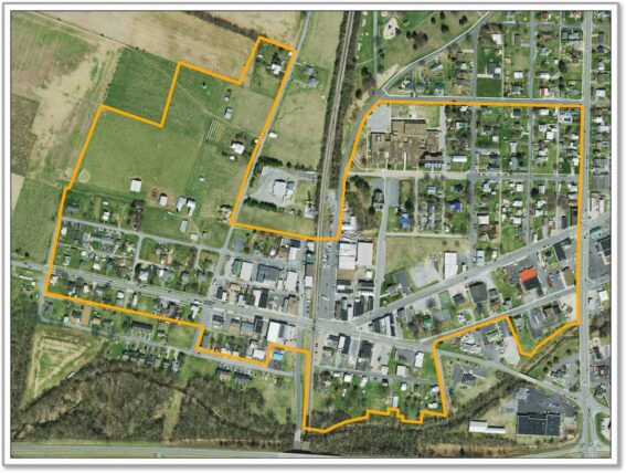 Aerial view of Elkton's historical boundaries