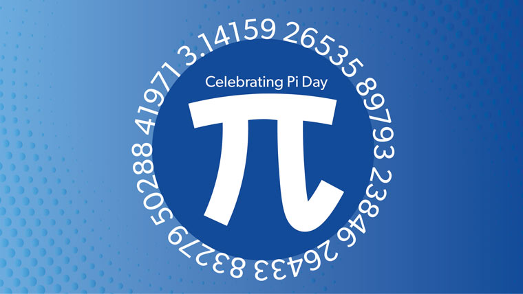 pi symbol on a blue background with white text that says Celebrating Pi Day