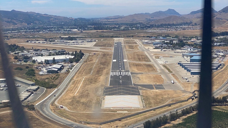 aerial view centered on the whole runway
