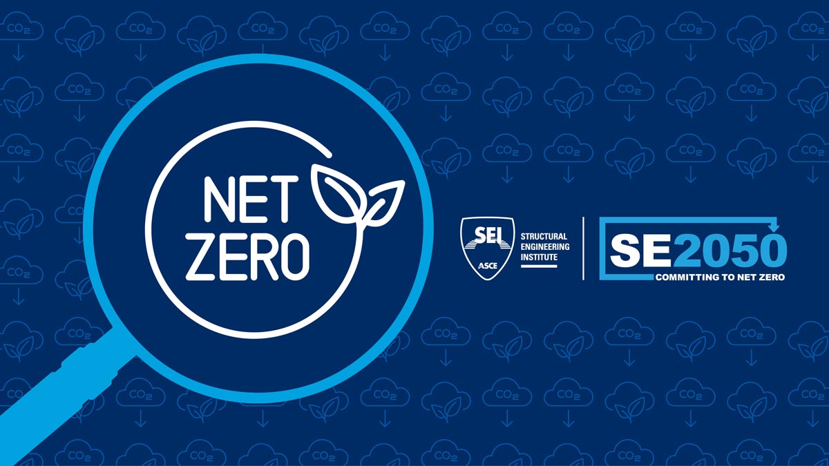 magnifying glass has "Net Zreo" inside next to the SE 2050 Logo