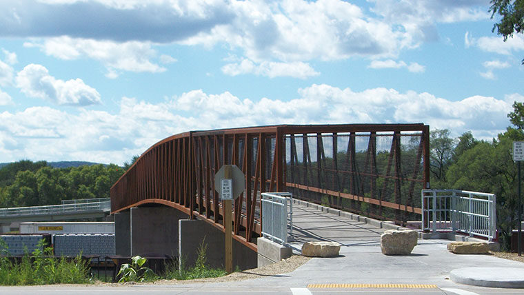 Sideview of pedestrian bridge over railyard