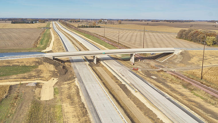 TH 14 four-lane highway and overpass