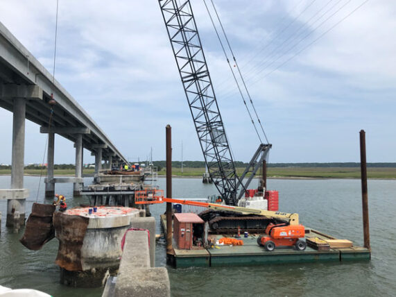 a crane in the water near a large bridge
