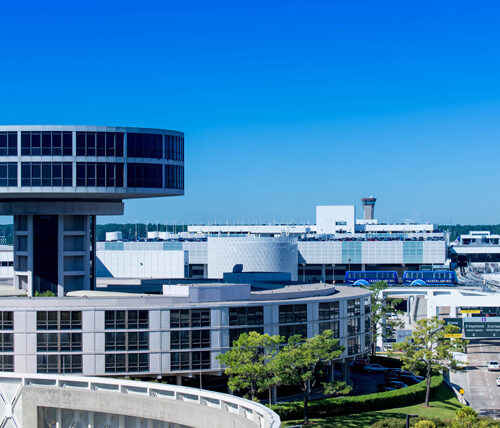 IAH airport viewing tower with clear blue sky