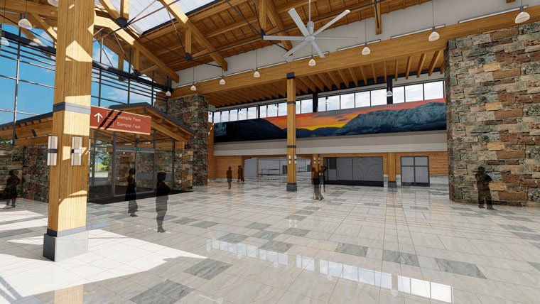 rendering of airport interior featuring natural wood, large windows and illustrations of mountains
