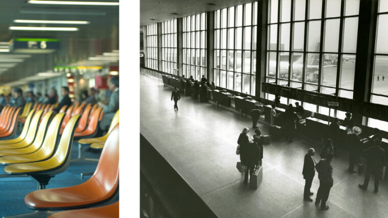 two historic photos show airports of the ast, including colorful plastic chairs and a black and white windowed space with little seating.