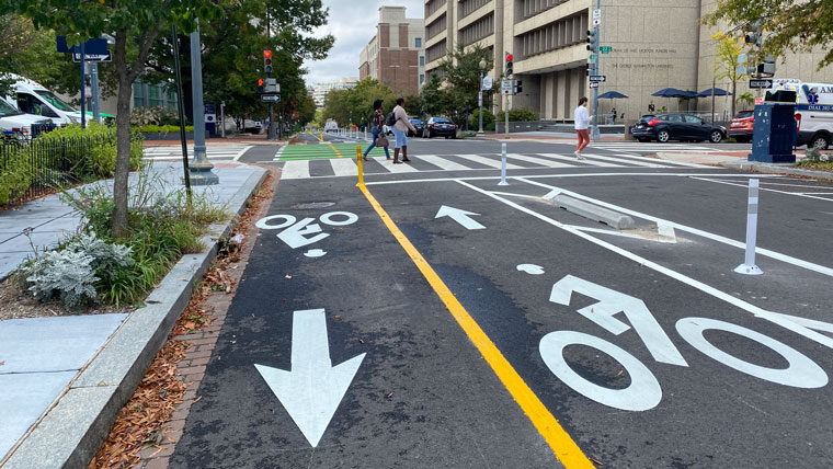 painted road shows bicycle lanes near a crosswalk in DC