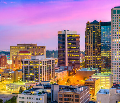 birmingham city skyline at dusk