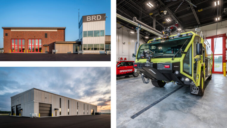 a collage of photos from the exterior and interior of the facility showing a large response vehicle.