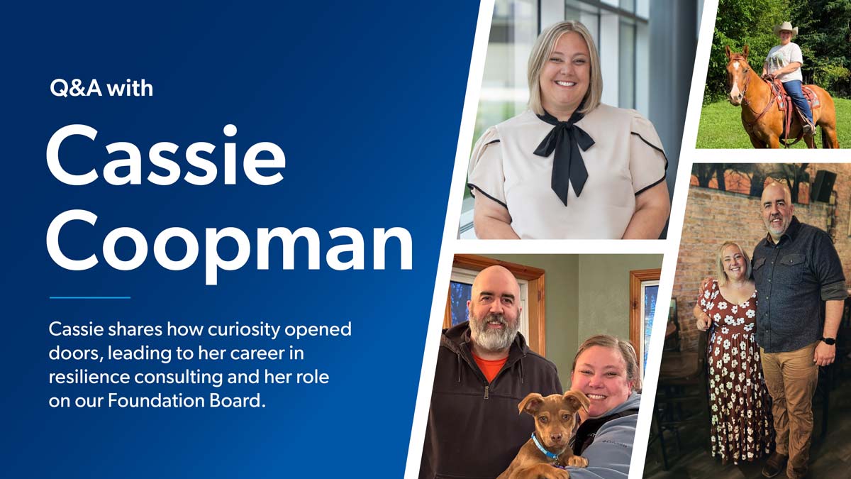 Q&A with Cassie Coopman along with photos of Cassie riding a horse, with her puppy and posing with her husband