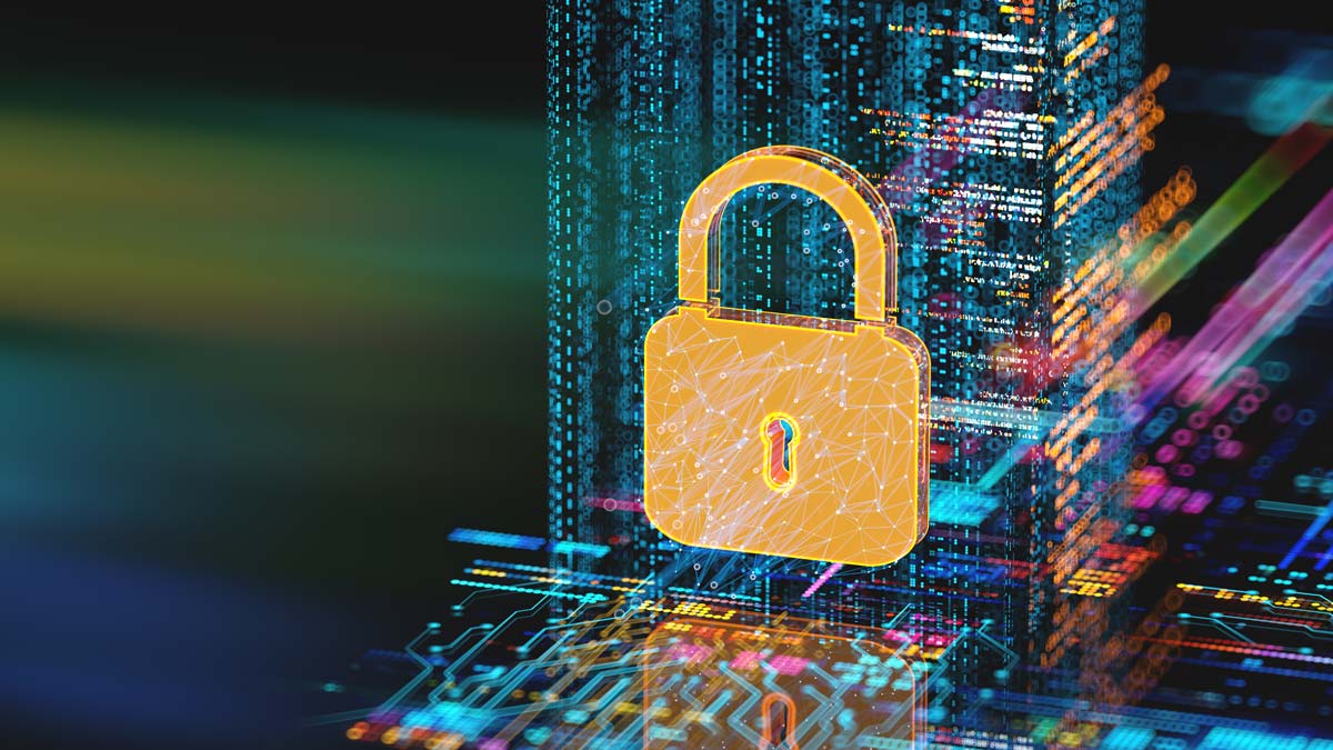 a digital rendering shows a lock on some colorful illustrated data
