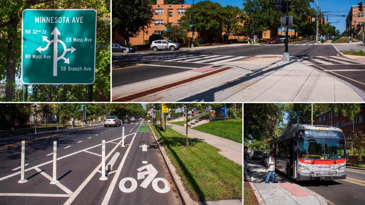a collage of four photos shows a sign for Minnesota Ave, a protected pedestrian crossing, a bus, and a bike lane