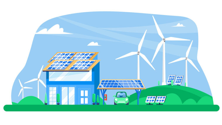 an illustration shows solar panels and a windfarm behind a house