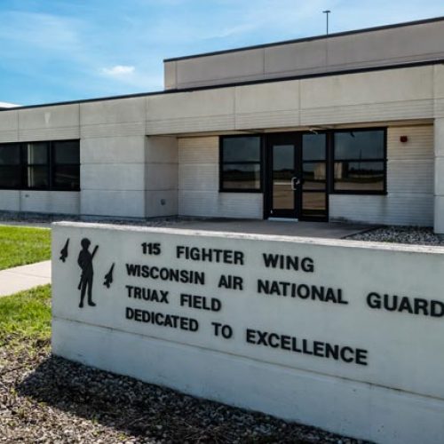 Exterior of Truax ANGB Squadron Ops with sign